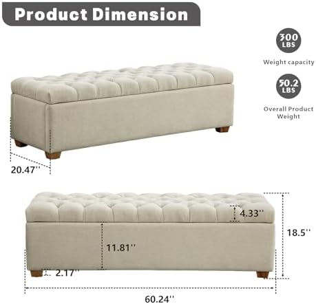 Chifee & Vingol 60" Ottoman with Storage Oversized End of Bed Storag...