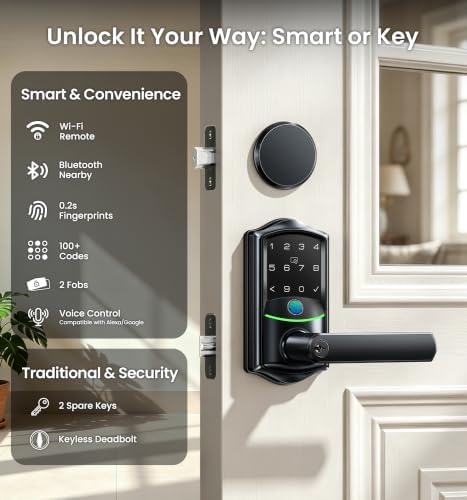 Veise VE029-E WiFi Smart Lever Lock with Non-Keyed Deadbolt, Matte Black