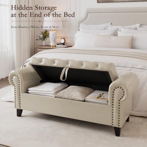 51 Inch Faux Leather Storage Bench with Rolled Arms, Chesterfield Tufted Otto...