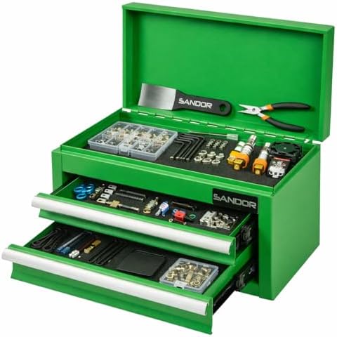Mini Tool Box - Metal Tool Chest with 2 Drawers & PVC Drawer Liners - Green