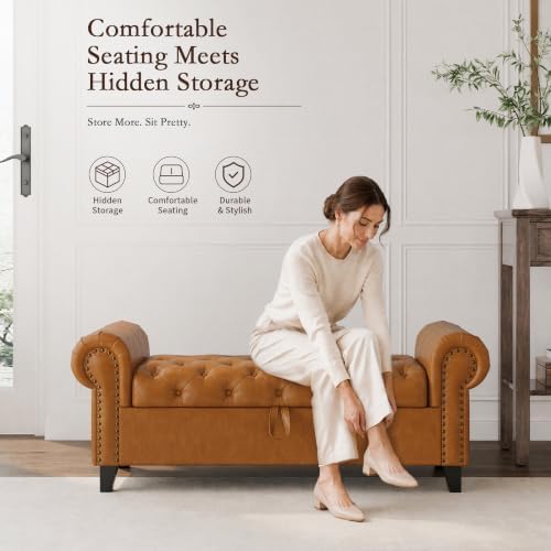 51 Inch Faux Leather Storage Bench with Rolled Arms, Chesterfield Tufted Otto...