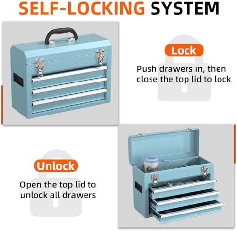 Portable Metal Tool Box – 3 Drawers Lockable Mini Toolbox, Heavy-Duty Tool Ch...