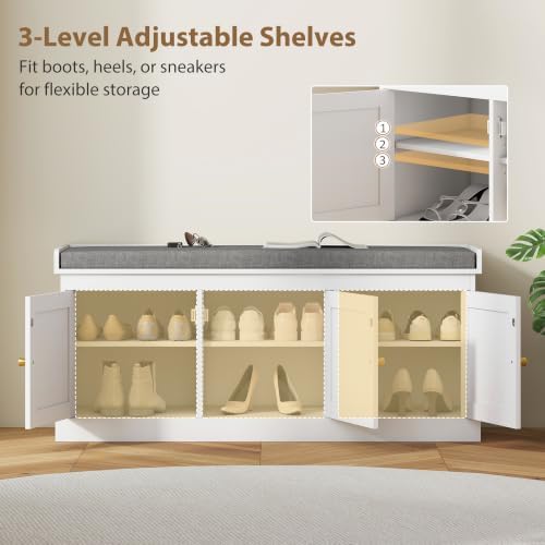 HOMCOM Shoe Bench Storage Rattan Doors 13.8 x 41.3 x 18.5 Inches White