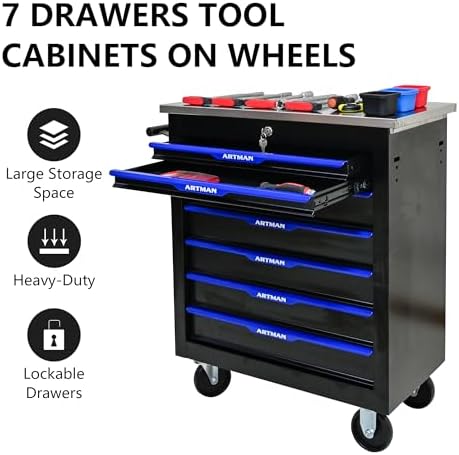 RYH 7 Drawers Rolling Tool Chest (Black-Blue, 7-Drawers 30.7" H×25.9&quo...
