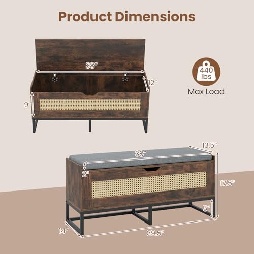 GIANTEX Rattan Shoe Bench, Flip-Top Entryway Bench with Removable Padded Seat...