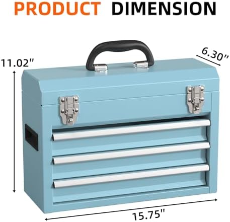Portable Metal Tool Box – 3 Drawers Lockable Mini Toolbox, Heavy-Duty Tool Ch...