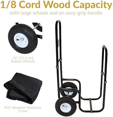 Sunnydaze Metal Firewood Carrier with Wheels, Cover Included, 43” H, Black