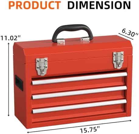 Portable Metal Tool Box – 3 Drawers Lockable Mini Toolbox, Heavy-Duty Tool Ch...