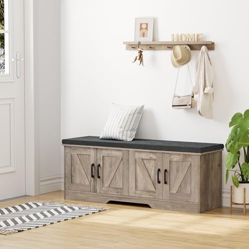 HOMSHO Farmhouse Shoe Storage Bench with 4 Barn Doors & Padded Seat Cushion