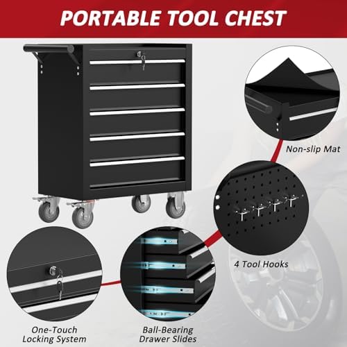 5 Drawers Rolling Tool Chest with Wheels, Portable Rolling Tool Boxes with Wh...