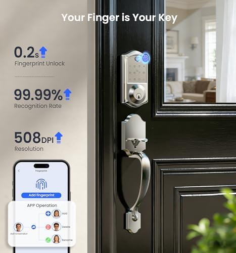 Veise VE017-H 8-in-1 Fingerprint Smart Front Door Lock Set, Satin Nickel