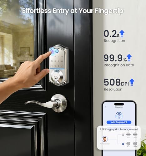 Veise VE017-L Fingerprint Smart Lock with 2 Lever Handle Set, Satin Nickel