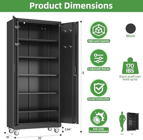 Reemoon 5 Adjustable 170 lb Shelves, Lockable Doors, Door pegboard and 4 Remo...
