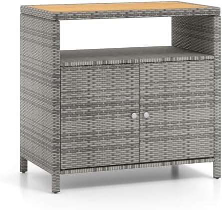 Rattan Storage Cabinet, Outdoor & Indoor Sideboards with Acacia Wood Coun...