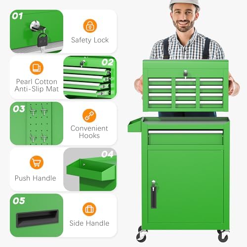 INTERGREAT Tool Chest Cabinet, 5-Drawer Rolling Tool Chest with Detachable To...