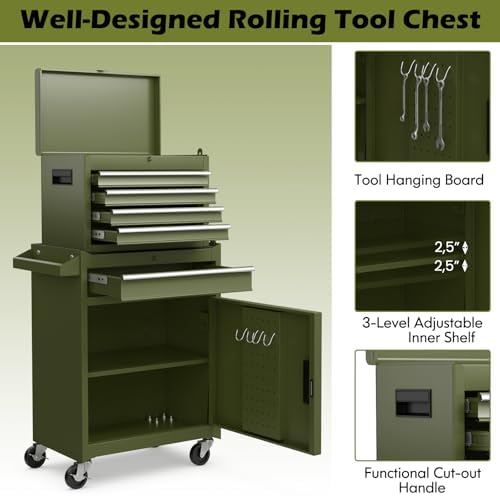 IRONMAX 2-in-1 Detachable Rolling Metal Tool Chest, 5 Drawers, Olive Green