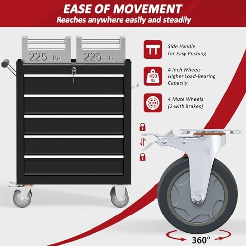 5 Drawers Rolling Tool Chest with Wheels, Portable Rolling Tool Boxes with Wh...