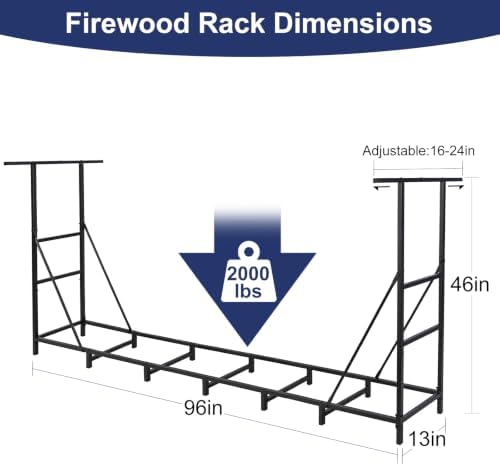 HONEST OUTFITTERS 8ft Firewood Rack Outdoor, Adjustable Heavy Duty Firewood H...