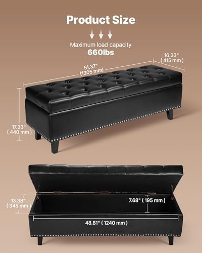 VEVOR Button-Tufted Storage Ottoman Bench, PU Leather Bench with Storage and ...
