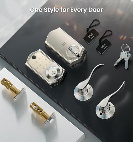 Veise VE017-L Fingerprint Smart Lock with 2 Lever Handle Set, Satin Nickel