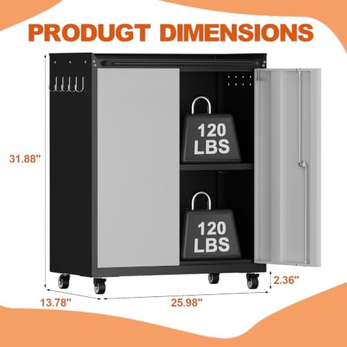 32''H Metal Garage Storage Cabinet with Wheels, Tool Storage Cabinets...