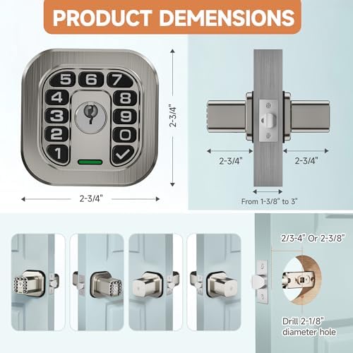 Richelock Square Door Knob with Keypad, Keylees Entry Door Lock with Cylinder...