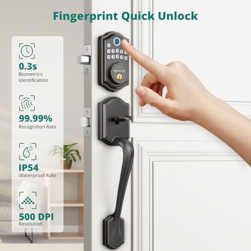 AkaGear DS10 Fingerprint Keypad Door Lock with Handle Set, Bronze