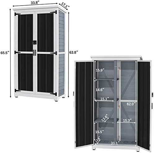 GDLF Outdoor Storage Cabinet, Wood & Metal Garden Shed, Tall Tool Organizer