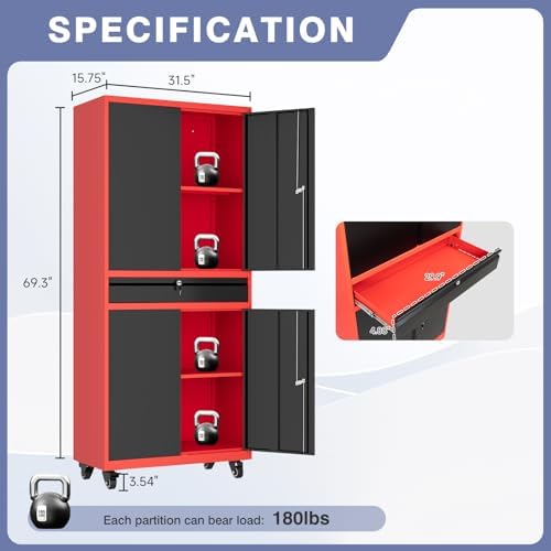 Metal Garage Storage Cabinet with Wheels, Rolling Garage Cabinet with Locking...