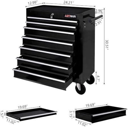 7 Drawers Rolling Tool Chest on Wheels, Multifunctional Tool Cart Tool Storag...