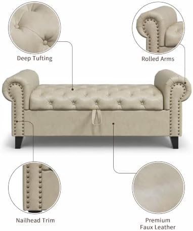 51 Inch Faux Leather Storage Bench with Rolled Arms, Chesterfield Tufted Otto...