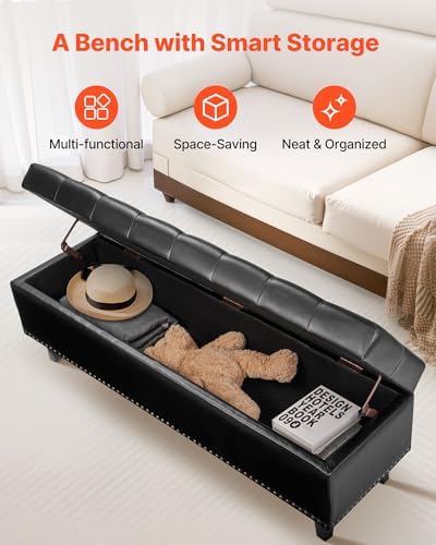 VEVOR Button-Tufted Storage Ottoman Bench, PU Leather Bench with Storage and ...