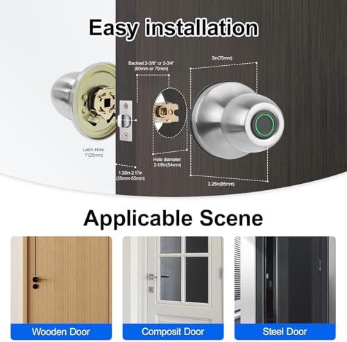 Smart Fingerprint Door Knob, 3-in-1 Keyless Entry with Auto Lock & App, B...