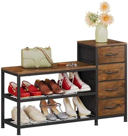 EXOTICA Industrial Shoe Storage Bench with 4 Drawers & Seat, Rustic Brown
