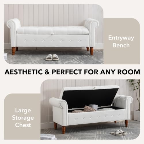 NIOIIKIT 63'' Storage Ottoman Bench, Tufted Entryway Bench White Poly...