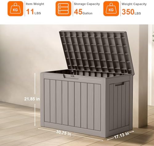 PatioZen 45 Gallon Resin Deck Box,Waterproof Outside Storage Boxes, Patio Out...