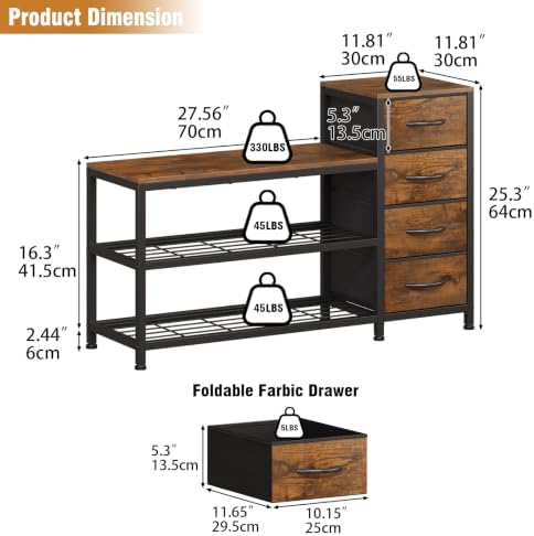 EXOTICA Industrial Shoe Storage Bench with 4 Drawers & Seat, Rustic Brown