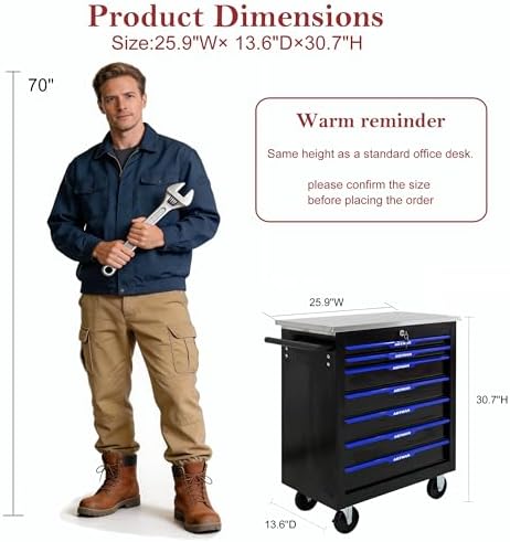 RYH 7 Drawers Rolling Tool Chest (Black-Blue, 7-Drawers 30.7" H×25.9&quo...