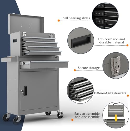 5-Drawer High Capacity Rolling Tool Box, Removable Cabinet Storage Tool Chest...