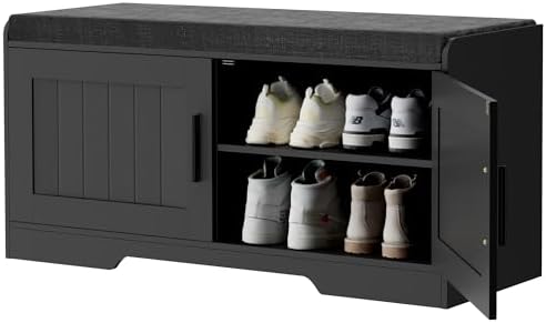Homleke Shoe Storage Bench, 2 Doors & Thickened Padded Seat Cushion