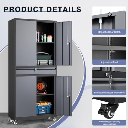 73" Metal Garage Storage Cabinet with Wheels， Rolling Tool Storage with ...