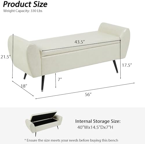 56" Faux Leather Storage Bench for Bedroom King Size Bed, Beige