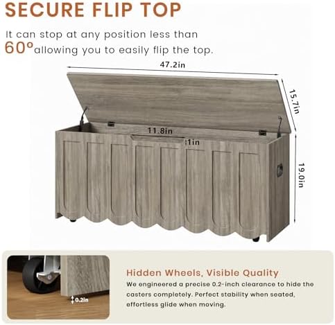 DHZ 47.2 Inch Wooden Storage Bench, Storage Chest with Cushion Seat, 4 Swivel...