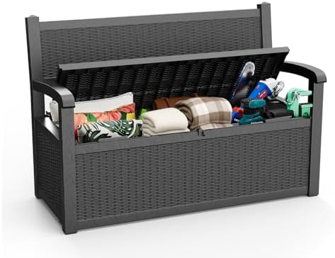 ROJIK 80 Gallon Storage Bench Deck Box Outdoor with Armrests,Storage Furnitur...