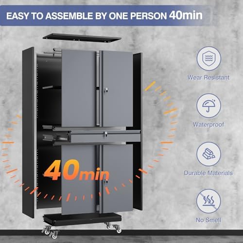 73" Metal Garage Storage Cabinet with Wheels， Rolling Tool Storage with ...
