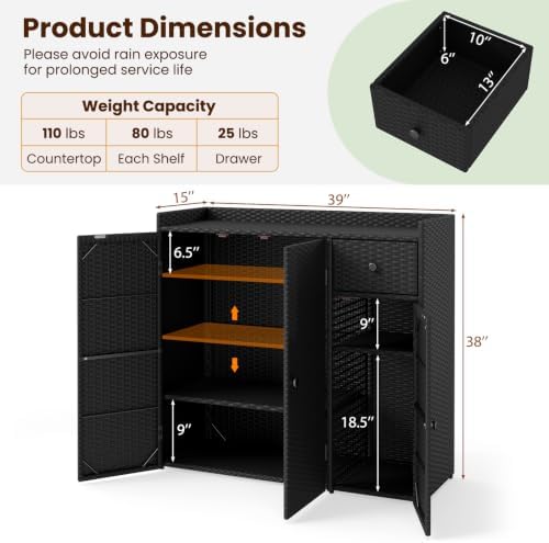 Tangkula Rattan Outdoor Storage Cabinet with 2 Adjustable Shelves
