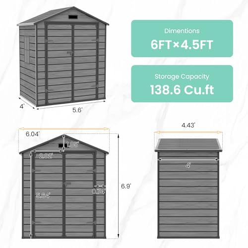 UDPATIO Resin Storage Shed 6x4.5FT, Outdoor Garden Plastic Shed, Dark Grey