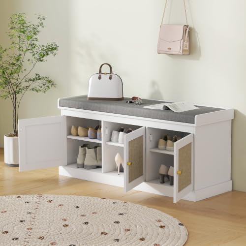 HOMCOM Shoe Bench Storage Rattan Doors 13.8 x 41.3 x 18.5 Inches White