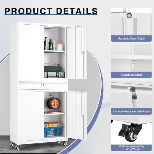73" Metal Garage Storage Cabinet with Wheels， Rolling Tool Storage with ...
