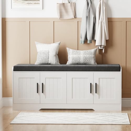 Homleke Shoe Storage Bench, 4 Doors & Thickened Padded Seat Cushion